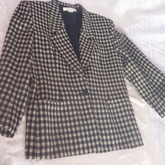Jones New York Women 100% Pure Wool Black White Blazer 10 Checkered Lapel Single - Picture 8 of 16